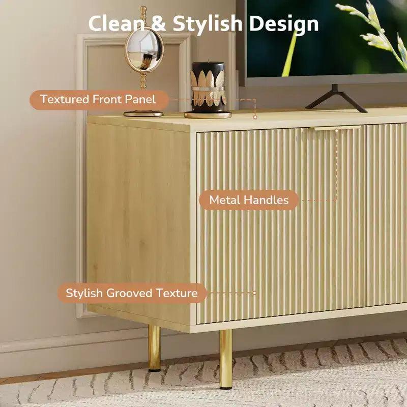 Meuble TV Zevemomo 68,89" pour téléviseurs jusqu'à 75", Console TV cannelée avec 5 Compartiments de Rangement et Pieds en Métal Robustes, pour Salon, Chêne Naturel