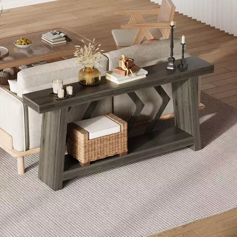 Console de 70,9 po tout en bois - Table d'entrée et de couloir étroite à 2 niveaux - Table de canapé rustique marron de style ferme avec pieds trapézoïdaux