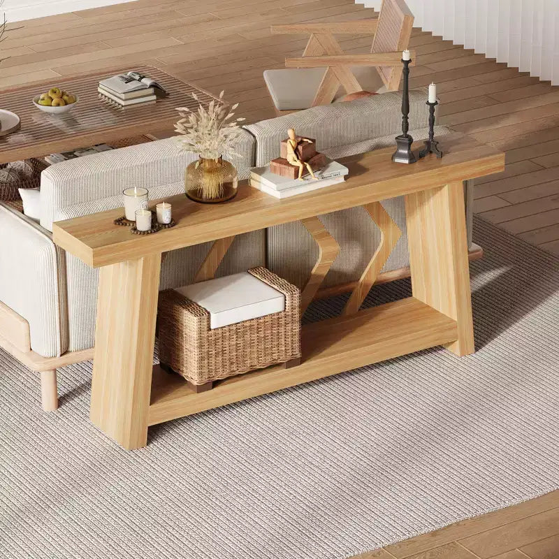 Console de 70,9 po tout en bois - Table d'entrée et de couloir étroite à 2 niveaux - Table de canapé rustique marron de style ferme avec pieds trapézoïdaux