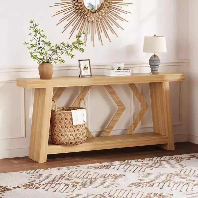 Console de 70,9 po tout en bois - Table d'entrée et de couloir étroite à 2 niveaux - Table de canapé rustique marron de style ferme avec pieds trapézoïdaux