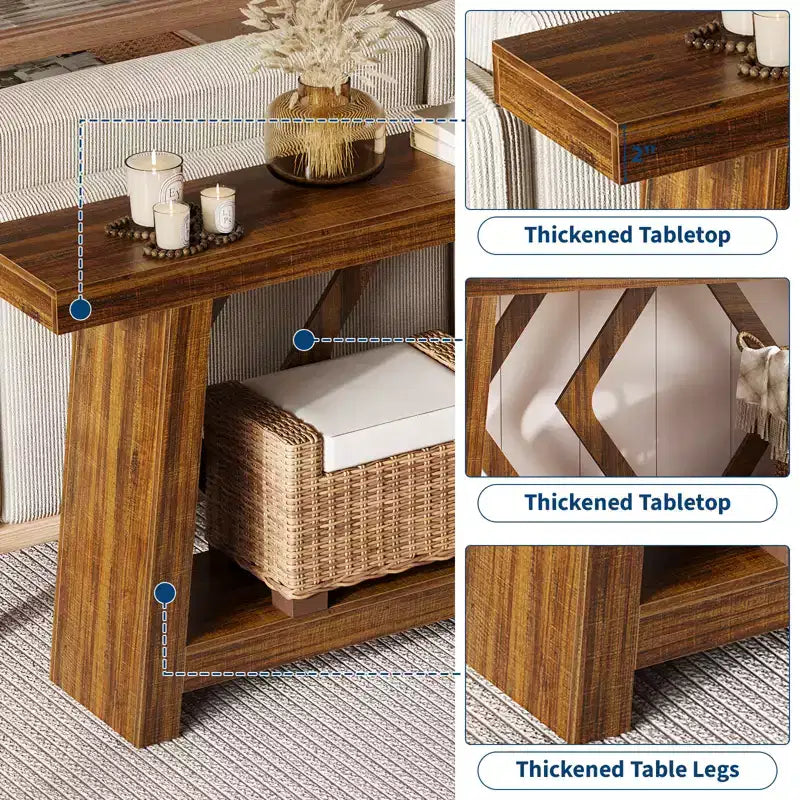 Console de 70,9 po tout en bois - Table d'entrée et de couloir étroite à 2 niveaux - Table de canapé rustique marron de style ferme avec pieds trapézoïdaux