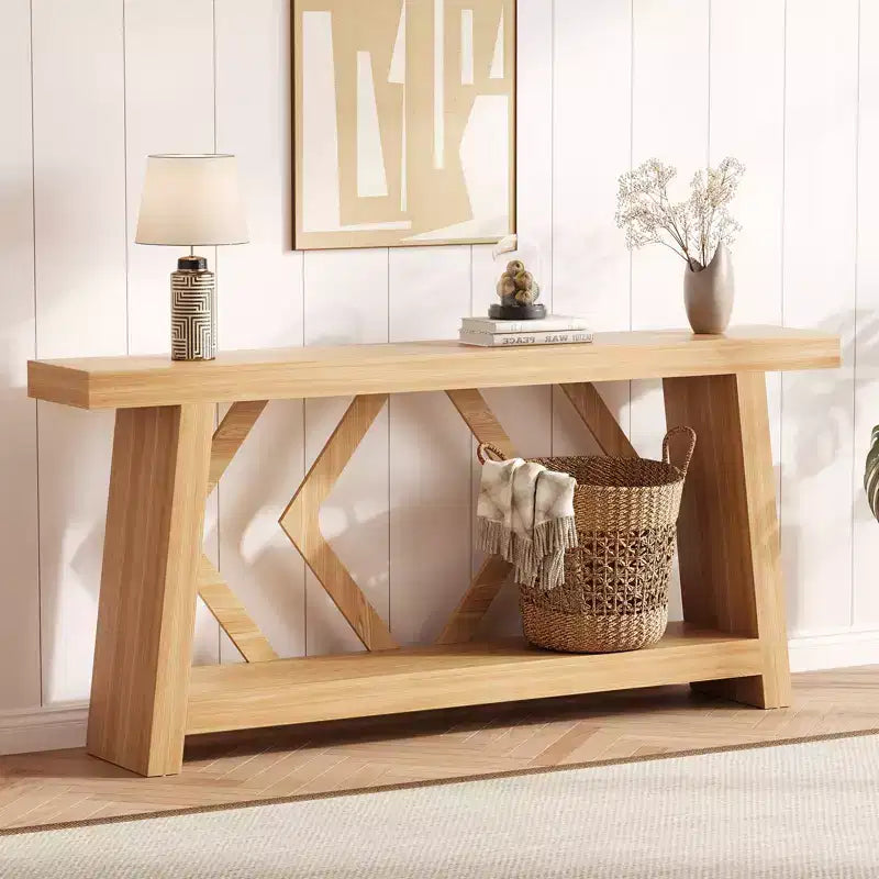 Console de 70,9 po tout en bois - Table d'entrée et de couloir étroite à 2 niveaux - Table de canapé rustique marron de style ferme avec pieds trapézoïdaux