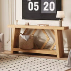 Console de 70,9 po tout en bois - Table d'entrée et de couloir étroite à 2 niveaux - Table de canapé rustique marron de style ferme avec pieds trapézoïdaux