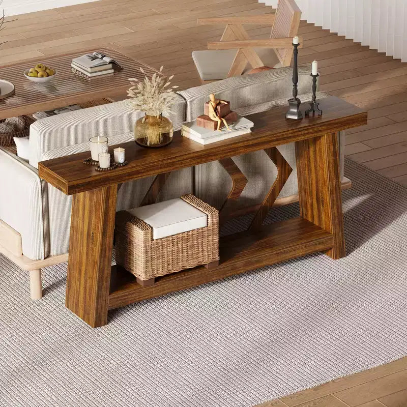 Console de 70,9 po tout en bois - Table d'entrée et de couloir étroite à 2 niveaux - Table de canapé rustique marron de style ferme avec pieds trapézoïdaux