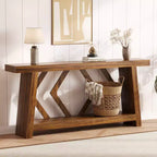 Console de 70,9 po tout en bois - Table d'entrée et de couloir étroite à 2 niveaux - Table de canapé rustique marron de style ferme avec pieds trapézoïdaux
