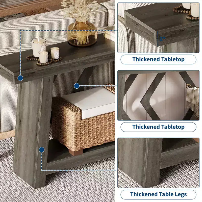 Console de 70,9 po tout en bois - Table d'entrée et de couloir étroite à 2 niveaux - Table de canapé rustique marron de style ferme avec pieds trapézoïdaux