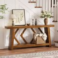 70.9 All-Wood Console Table - 2-Tier Narrow Entryway & Hallway Table - Rustic Brown Farmhouse Sofa Table with Trapezoid Legs