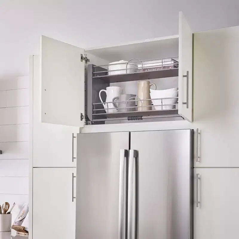 Rev-A-Shelf Étagère de rangement escamotable robuste 24 po pour armoires hautes de cuisine/salle de bain, rangement à deux niveaux à montage mural, chrome, 5PD-24CRN
