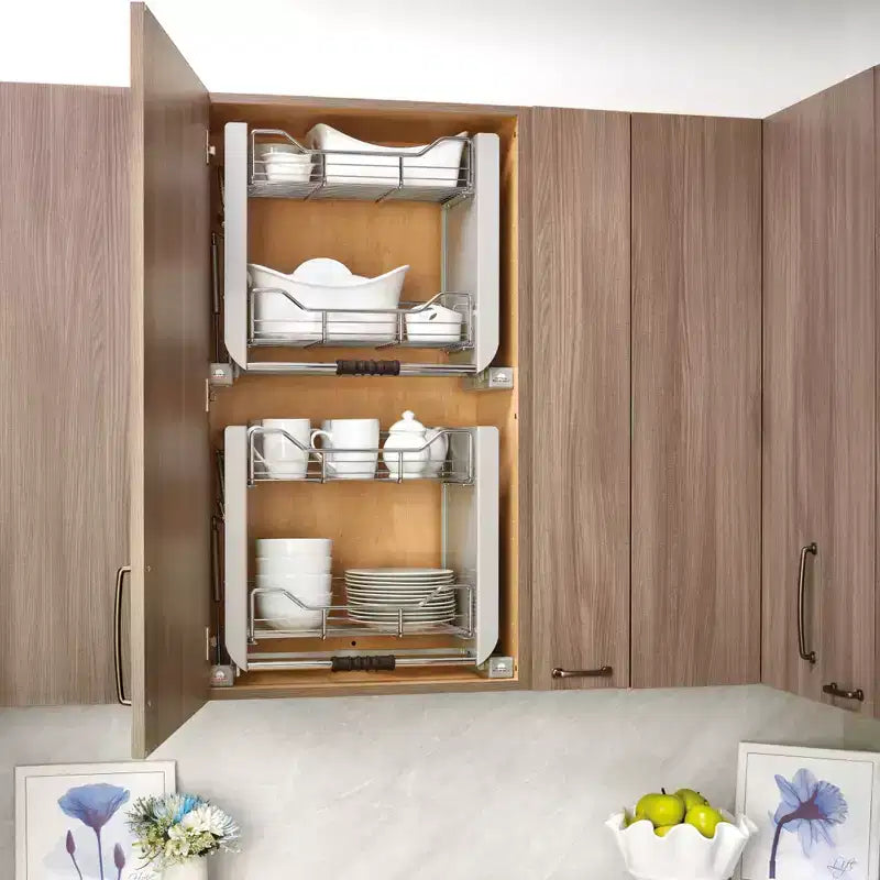 Rev-A-Shelf Étagère de rangement escamotable robuste 24 po pour armoires hautes de cuisine/salle de bain, rangement à deux niveaux à montage mural, chrome, 5PD-24CRN