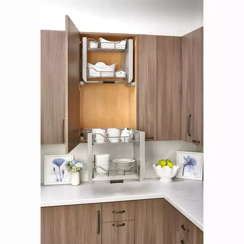 Rev-A-Shelf Étagère de rangement escamotable robuste 24 po pour armoires hautes de cuisine/salle de bain, rangement à deux niveaux à montage mural, chrome, 5PD-24CRN
