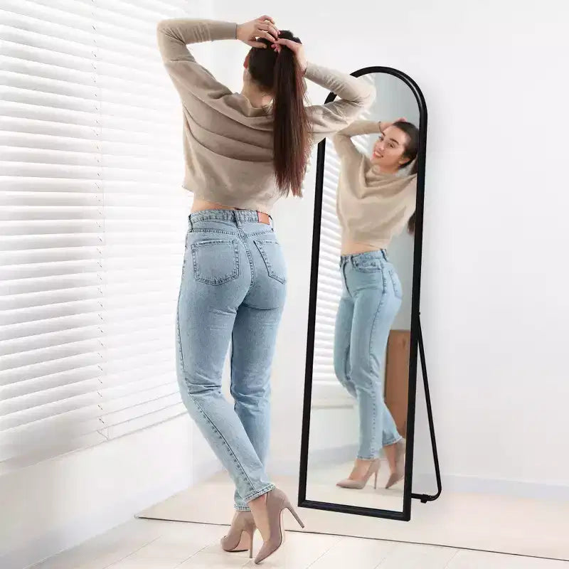 Miroir arqué Americanflat 15x59 avec support - Grand - Noir - Style de décoration d'intérieur haut de gamme - Verre incassable - Design moderne élégant - Moderne