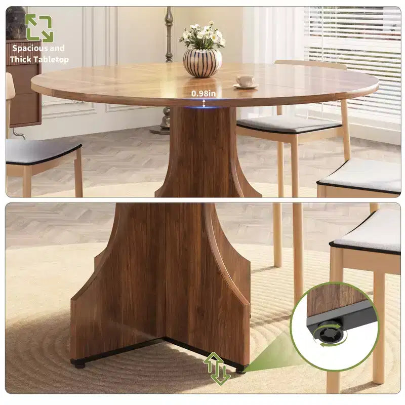 Contemporary Round Dining Table  47 Inch Black Wood Table for 4-6, Storage Shelf, Adjustable Feet, Sturdy & Easy to Clean, for Kitchen or Apartment