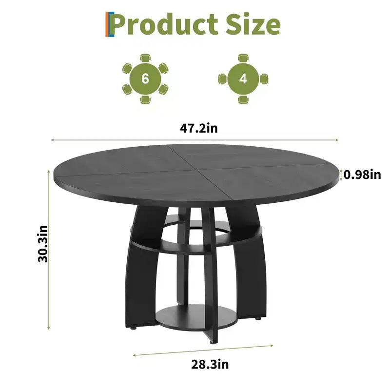 Contemporary Round Dining Table  47 Inch Black Wood Table for 4-6, Storage Shelf, Adjustable Feet, Sturdy & Easy to Clean, for Kitchen or Apartment
