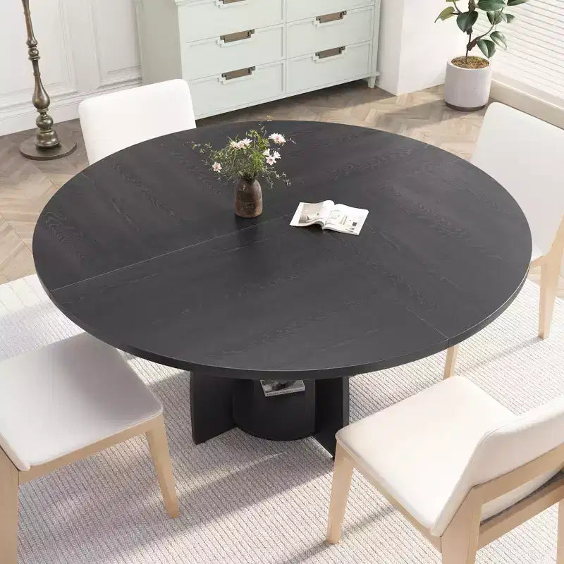Contemporary Round Dining Table  47 Inch Black Wood Table for 4-6, Storage Shelf, Adjustable Feet, Sturdy & Easy to Clean, for Kitchen or Apartment