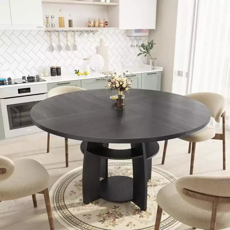 Contemporary Round Dining Table  47 Inch Black Wood Table for 4-6, Storage Shelf, Adjustable Feet, Sturdy & Easy to Clean, for Kitchen or Apartment