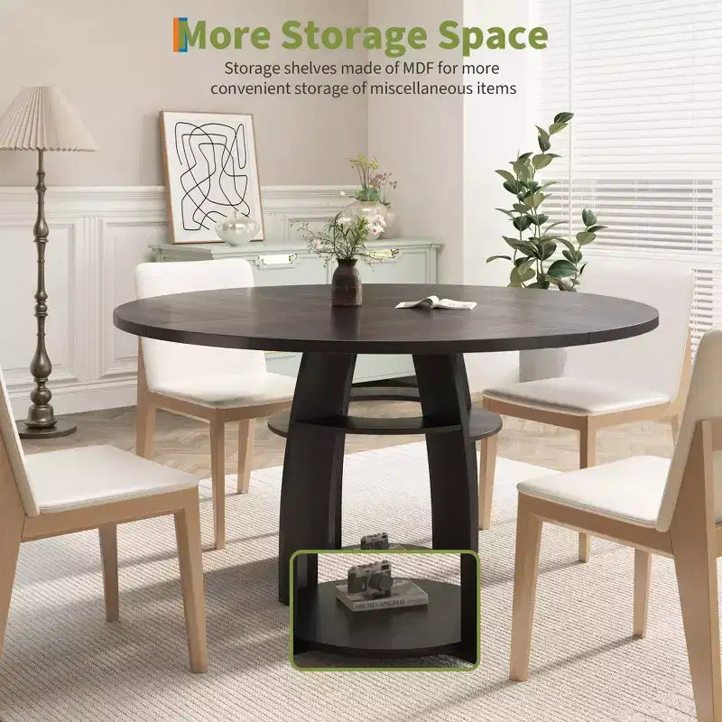 Contemporary Round Dining Table  47 Inch Black Wood Table for 4-6, Storage Shelf, Adjustable Feet, Sturdy & Easy to Clean, for Kitchen or Apartment