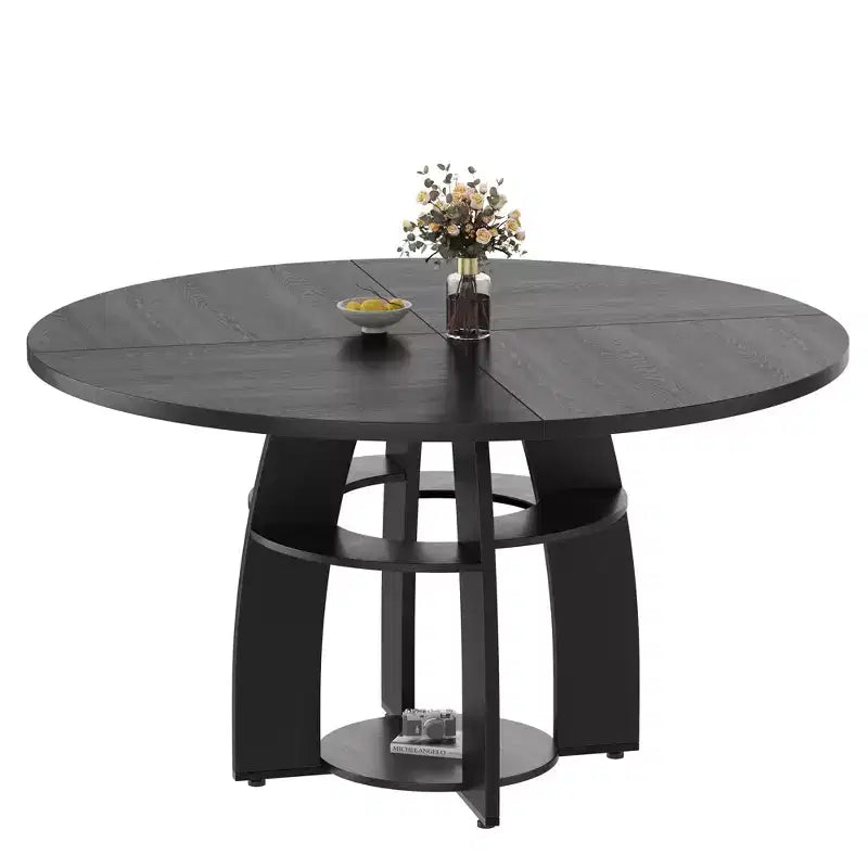 Contemporary Round Dining Table  47 Inch Black Wood Table for 4-6, Storage Shelf, Adjustable Feet, Sturdy & Easy to Clean, for Kitchen or Apartment
