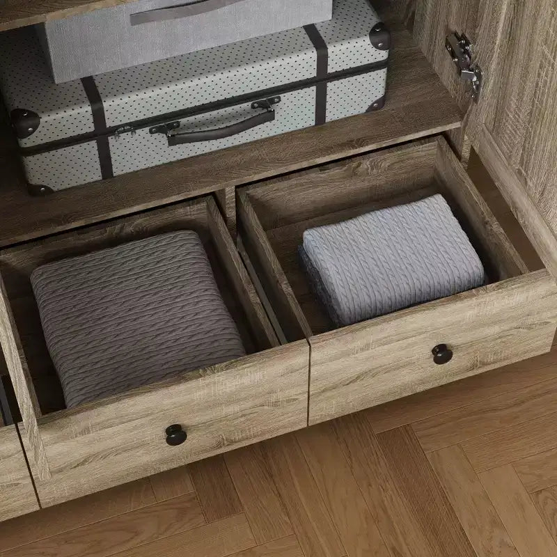 Famapy Rattan Wardrobe with 3 Drawers,3 Breathable Rattan Doors Closet,Farmhouse Style Tall Storage Armoire for Bedroom