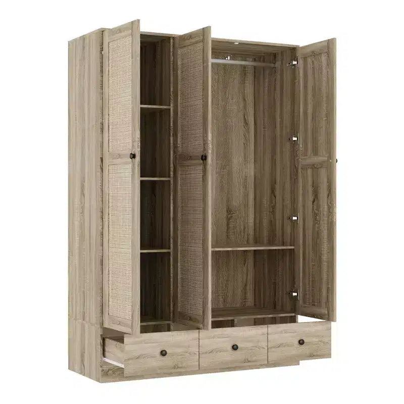 Famapy Rattan Wardrobe with 3 Drawers,3 Breathable Rattan Doors Closet,Farmhouse Style Tall Storage Armoire for Bedroom