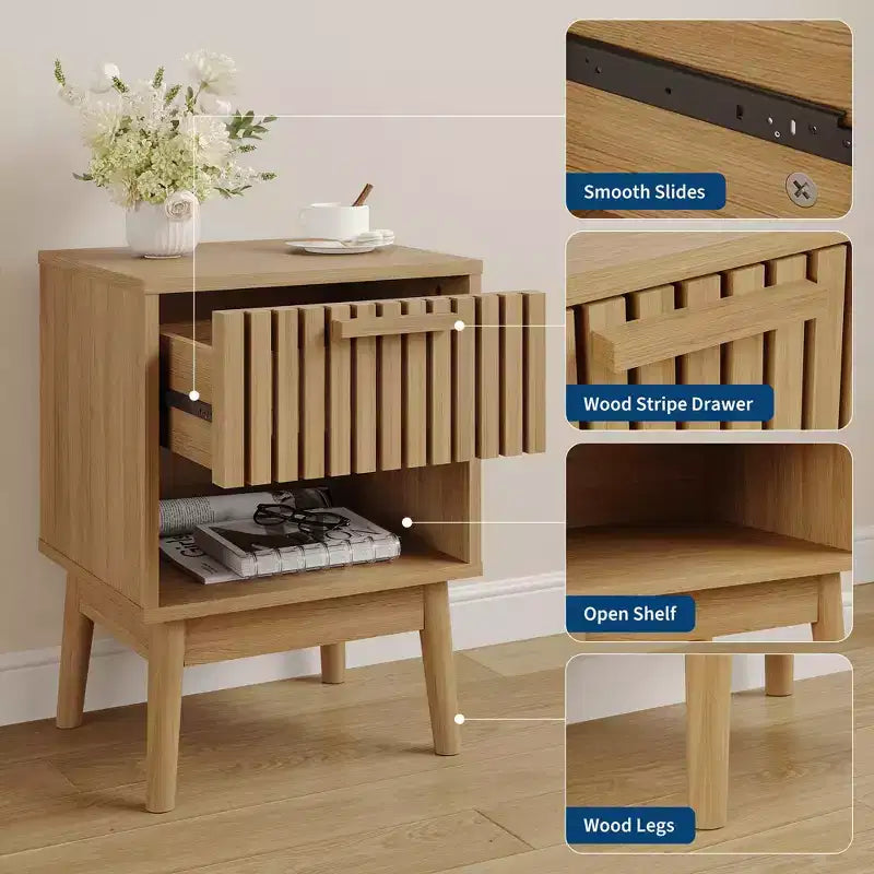 Table de chevet bohème avec tiroir à lattes en bois et étagère ouverte, petite table d'appoint pour chambre, salon et dortoir, idéale pour les petits espaces