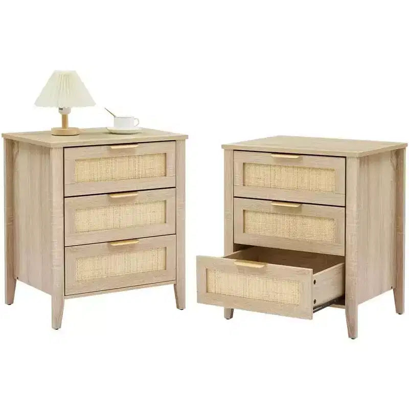 Set of 2 Boho Rattan Nightstands, Farmhouse Side Tables with 3 Natural Storage Drawers & Wood Legs, Modern Bedroom & Living Room End Table