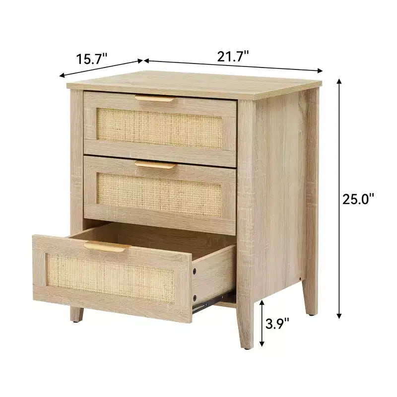 Lot de 2 tables de chevet bohèmes en rotin, tables d'appoint de style ferme avec 3 tiroirs de rangement naturels et pieds en bois, tables d'appoint modernes pour chambre et salon