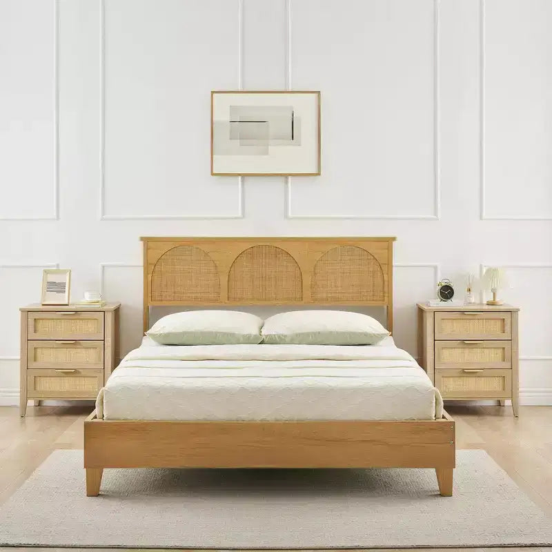 Lot de 2 tables de chevet bohèmes en rotin, tables d'appoint de style ferme avec 3 tiroirs de rangement naturels et pieds en bois, tables d'appoint modernes pour chambre et salon