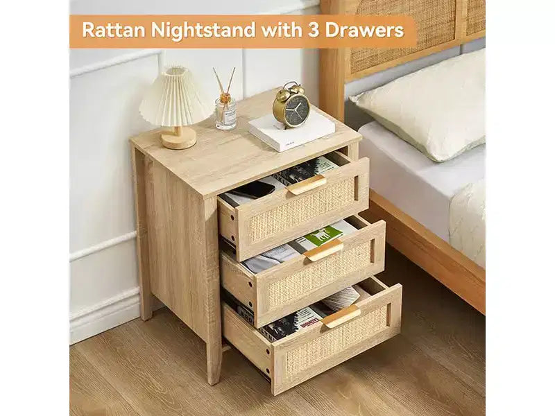 Lot de 2 tables de chevet bohèmes en rotin, tables d'appoint de style ferme avec 3 tiroirs de rangement naturels et pieds en bois, tables d'appoint modernes pour chambre et salon
