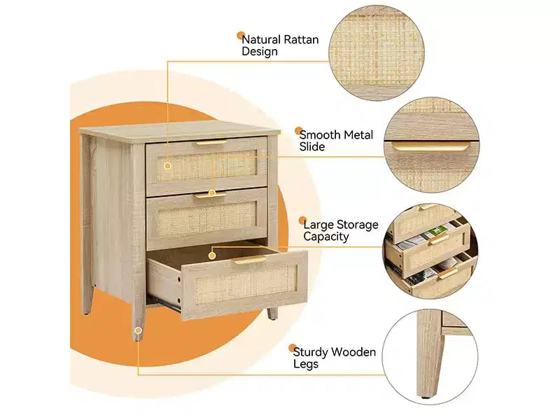 Lot de 2 tables de chevet bohèmes en rotin, tables d'appoint de style ferme avec 3 tiroirs de rangement naturels et pieds en bois, tables d'appoint modernes pour chambre et salon