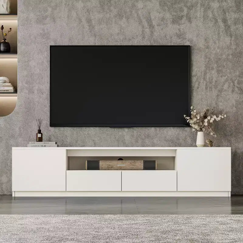 Meuble TV moderne ATJafurn pour téléviseurs de 65/70/75/85 pouces, meuble TV en bois avec rangement et tiroirs pour salon