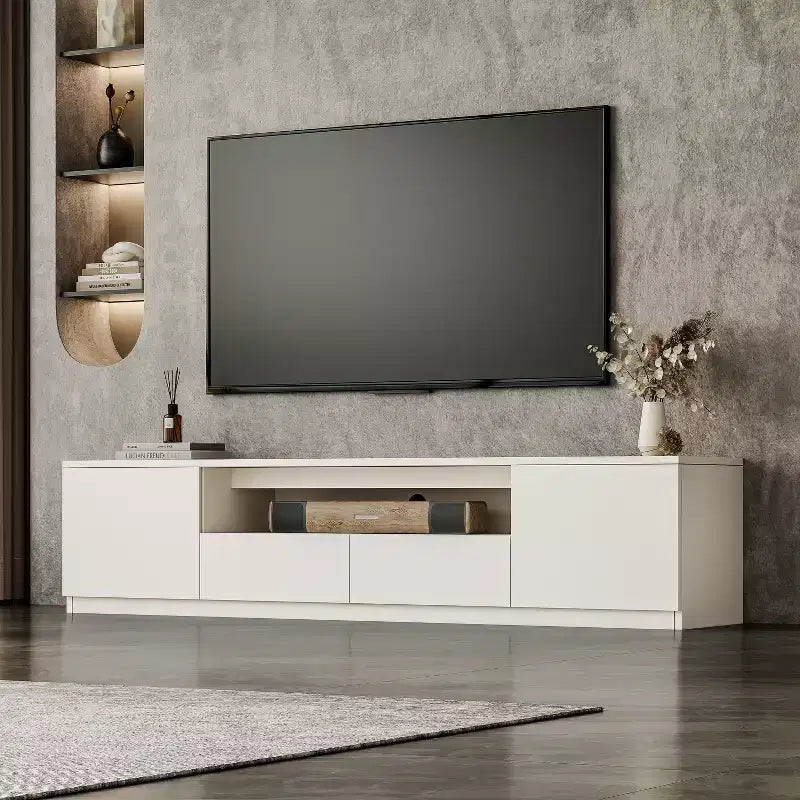 Meuble TV moderne ATJafurn pour téléviseurs de 65/70/75/85 pouces, meuble TV en bois avec rangement et tiroirs pour salon
