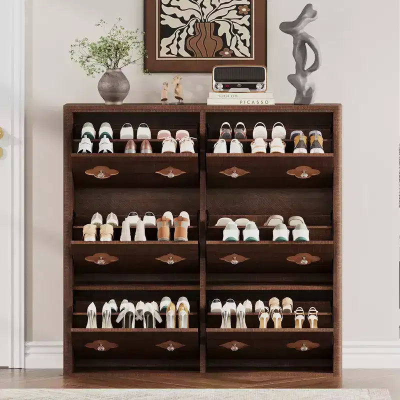 Flip Drawer Shoe Cabinet, Large Capacity Shoe Storage Organizer with Hidden Compartments, Narrow Tipping Bucket Shoe Rack for Entryway Hallway