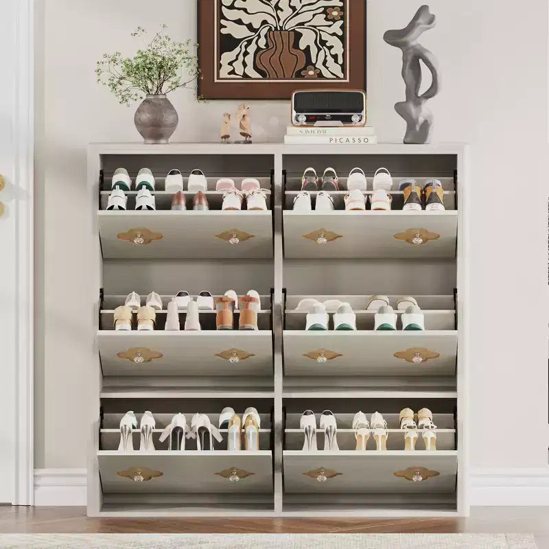 Flip Drawer Shoe Cabinet, Large Capacity Shoe Storage Organizer with Hidden Compartments, Narrow Tipping Bucket Shoe Rack for Entryway Hallway