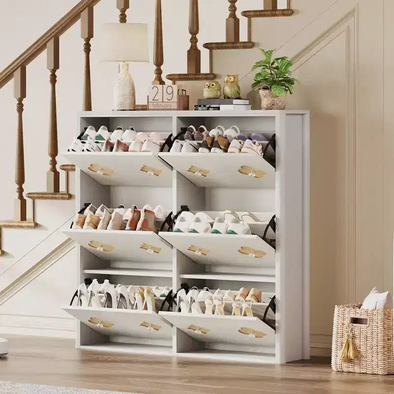 Flip Drawer Shoe Cabinet, Large Capacity Shoe Storage Organizer with Hidden Compartments, Narrow Tipping Bucket Shoe Rack for Entryway Hallway