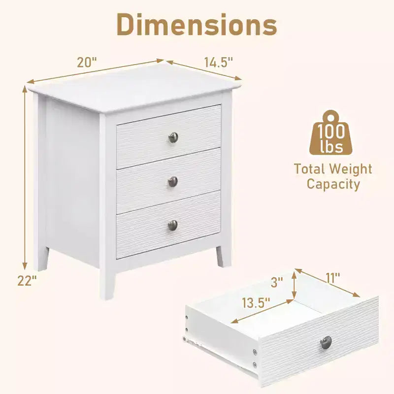 Costway Table de chevet 1/2 pièces, Table de nuit de style ferme à 3 tiroirs avec accents en grain de bois et boutons élégants Blanc/Noir
