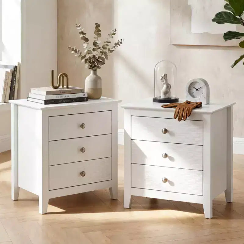 Costway Table de chevet 1/2 pièces, Table de nuit de style ferme à 3 tiroirs avec accents en grain de bois et boutons élégants Blanc/Noir