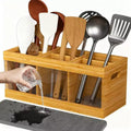 Bamboo Utensil Holder, 6 Compartments & Diatomaceous Earth Drying Mat, Silverware Caddy for Home/Party