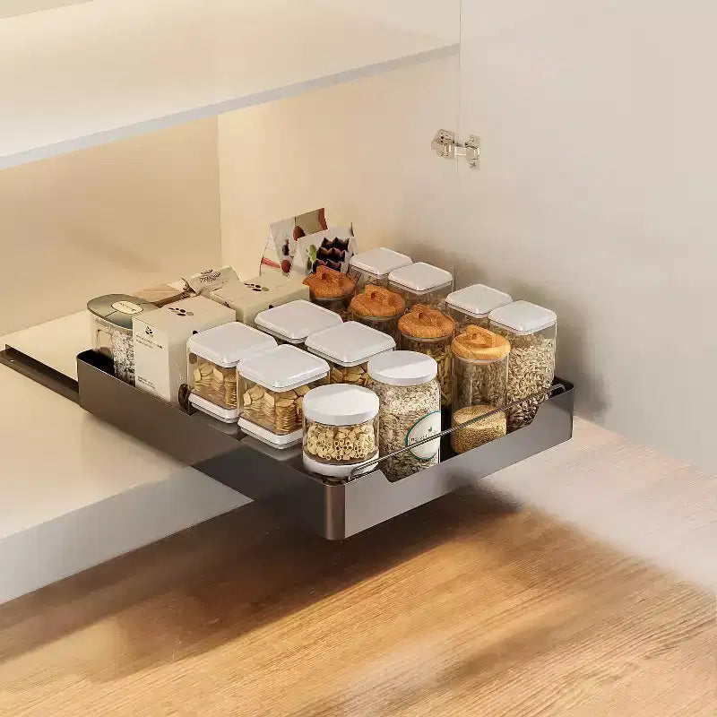 Pull Out Cabinet Organizer Fixed With Adhesive Film, Heavy Duty Slide Out Pantry Shelves for Kitchen