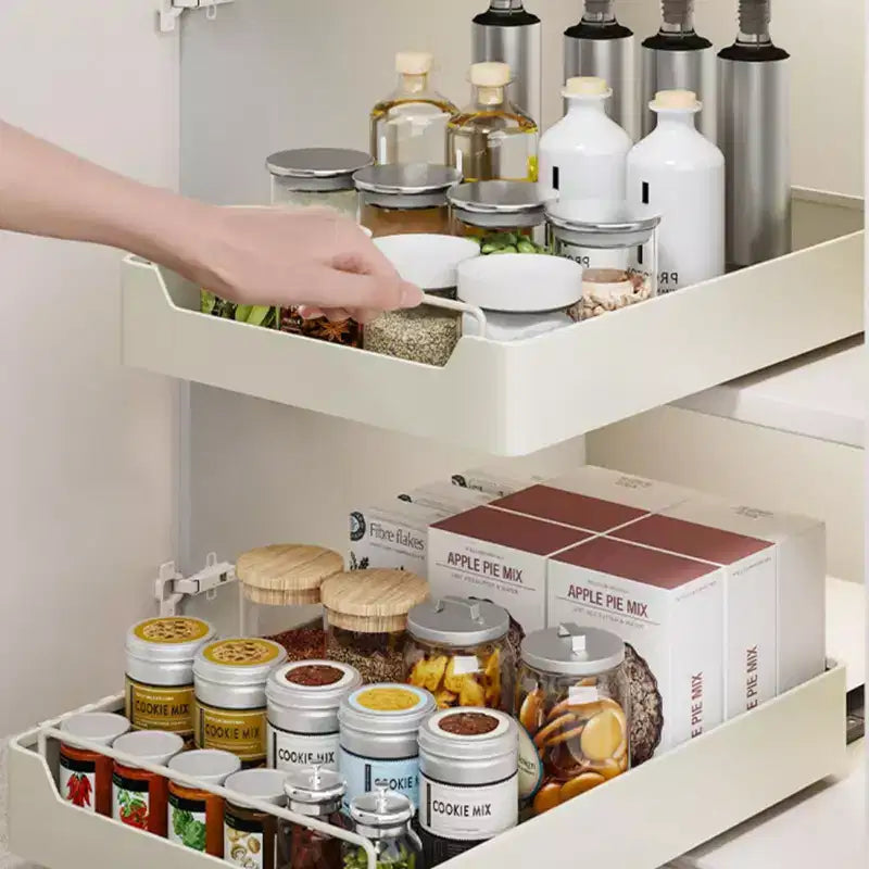 Organisateur d'armoire coulissant fixé avec un film adhésif, étagères de garde-manger coulissantes robustes pour la cuisine