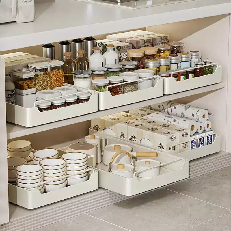 Organisateur d'armoire coulissant fixé avec un film adhésif, étagères de garde-manger coulissantes robustes pour la cuisine