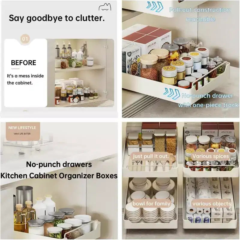 Organisateur d'armoire coulissant fixé avec un film adhésif, étagères de garde-manger coulissantes robustes pour la cuisine