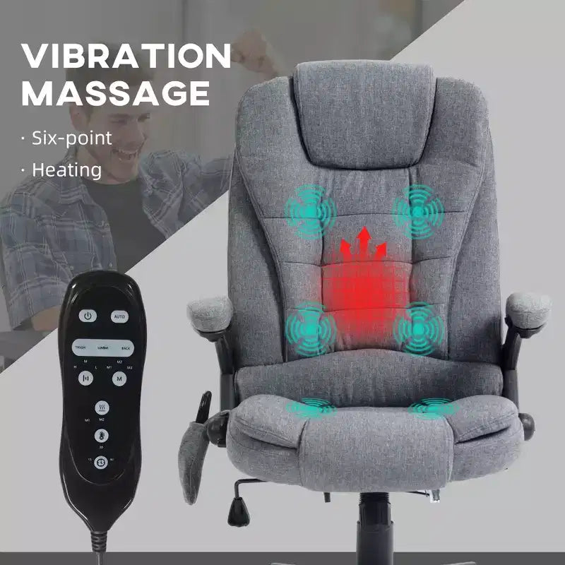 Fauteuil de bureau massant et chauffant à 6 points de vibration, Chaise de bureau massante à dossier haut en lin avec dossier inclinable