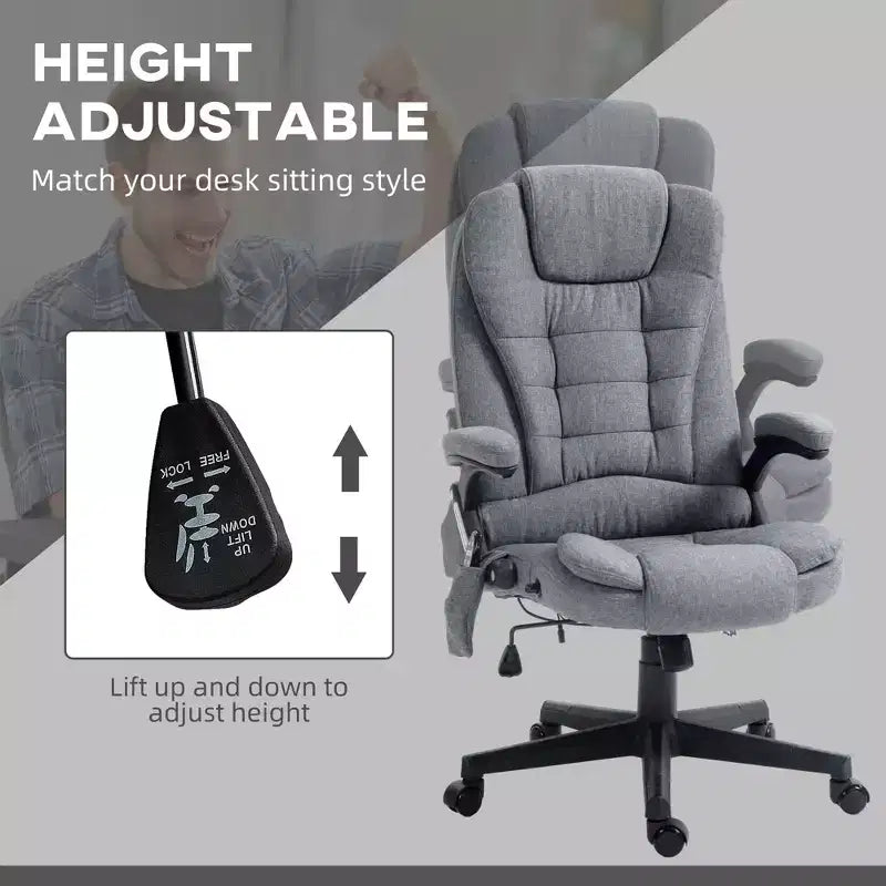 Fauteuil de bureau massant et chauffant à 6 points de vibration, Chaise de bureau massante à dossier haut en lin avec dossier inclinable