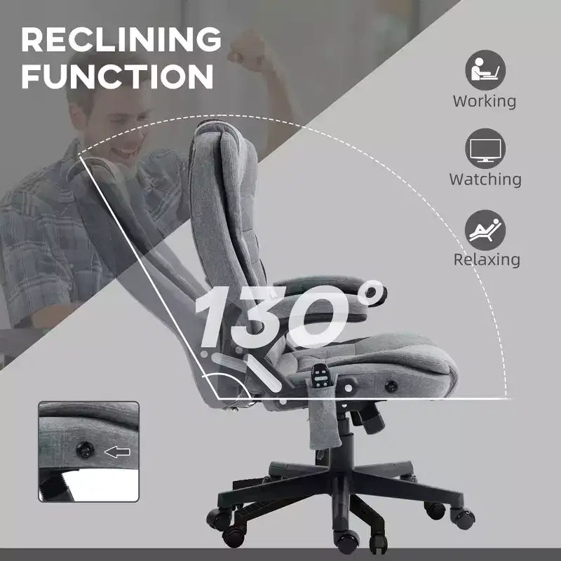 Fauteuil de bureau massant et chauffant à 6 points de vibration, Chaise de bureau massante à dossier haut en lin avec dossier inclinable