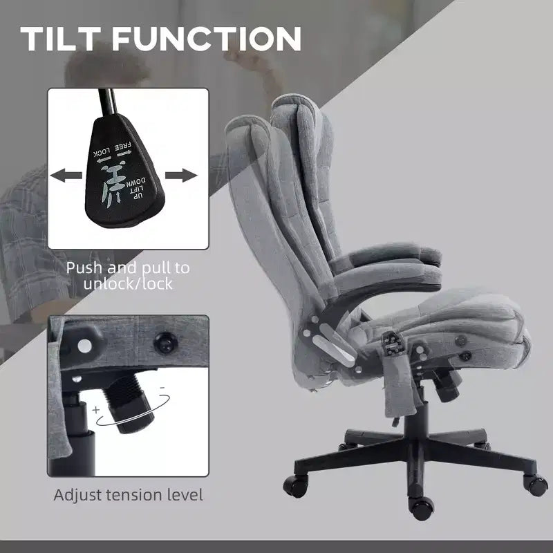 Fauteuil de bureau massant et chauffant à 6 points de vibration, Chaise de bureau massante à dossier haut en lin avec dossier inclinable