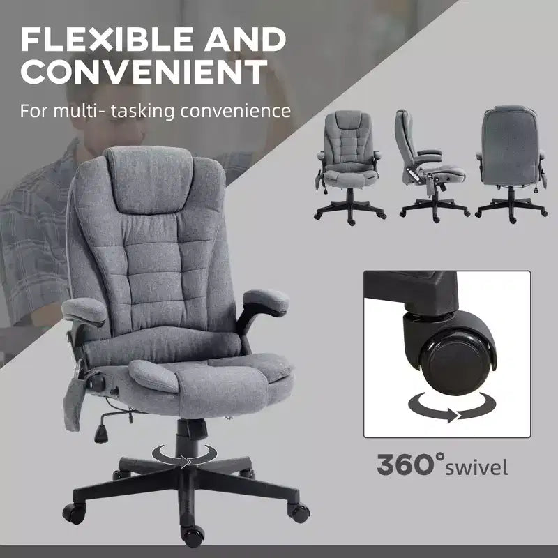 Fauteuil de bureau massant et chauffant à 6 points de vibration, Chaise de bureau massante à dossier haut en lin avec dossier inclinable
