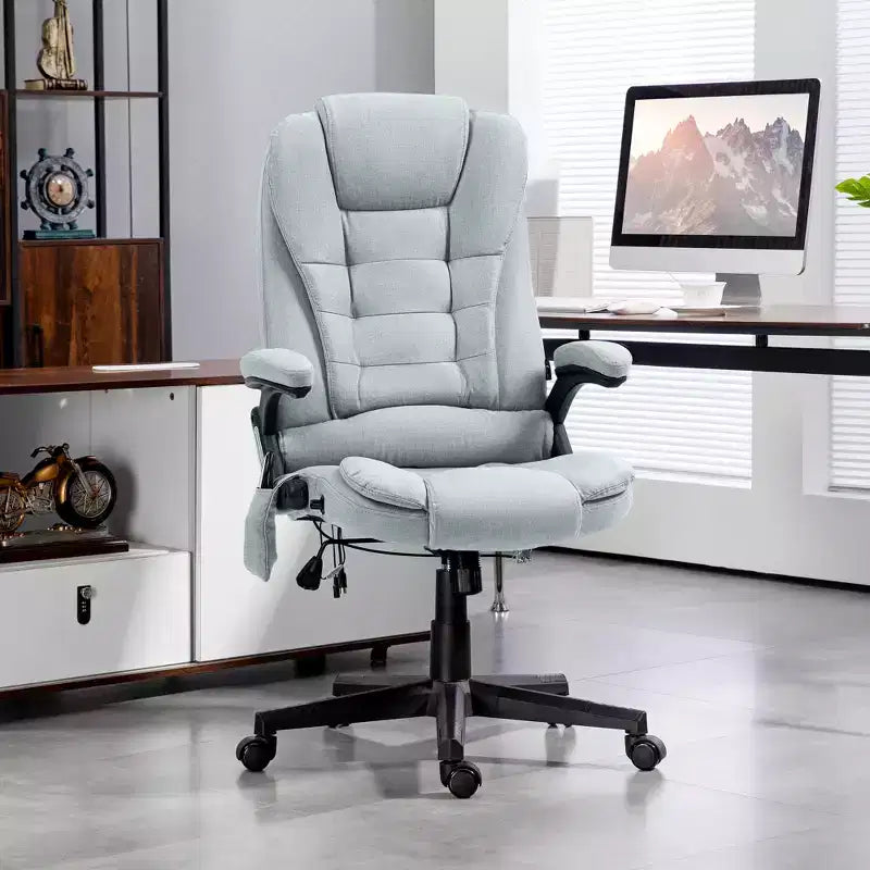 Fauteuil de bureau massant et chauffant à 6 points de vibration, Chaise de bureau massante à dossier haut en lin avec dossier inclinable
