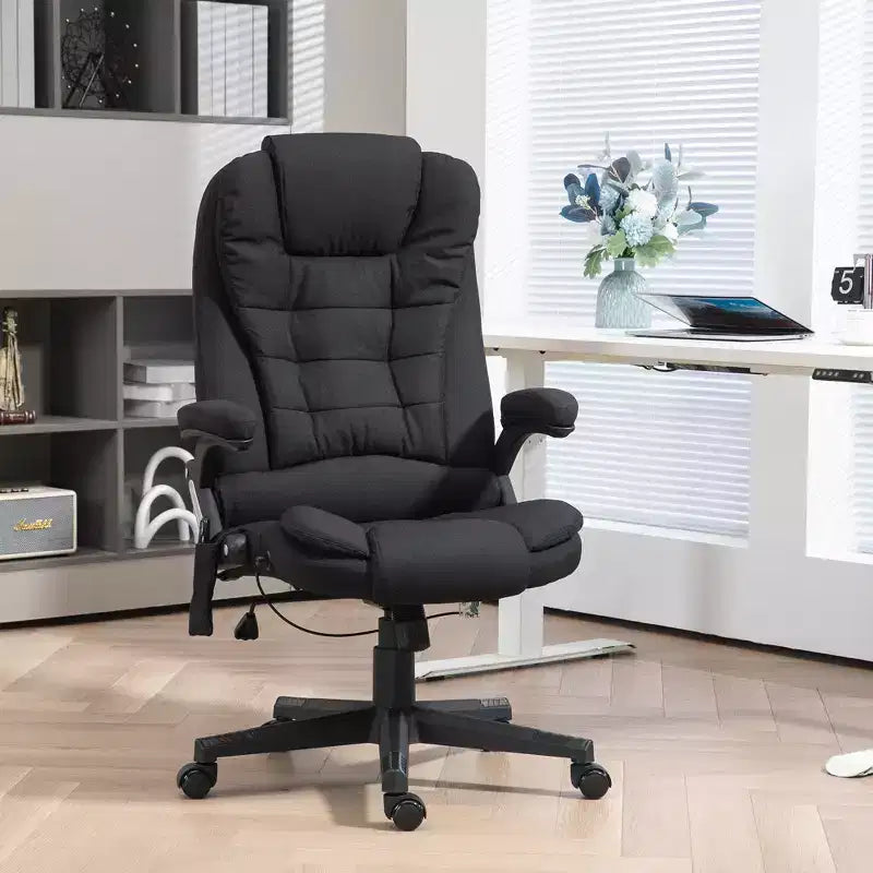 Fauteuil de bureau massant et chauffant à 6 points de vibration, Chaise de bureau massante à dossier haut en lin avec dossier inclinable