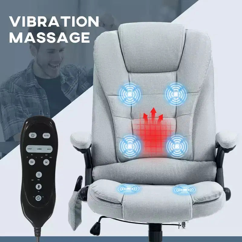 Fauteuil de bureau massant et chauffant à 6 points de vibration, Chaise de bureau massante à dossier haut en lin avec dossier inclinable