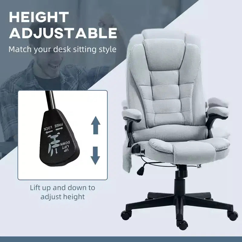 Fauteuil de bureau massant et chauffant à 6 points de vibration, Chaise de bureau massante à dossier haut en lin avec dossier inclinable